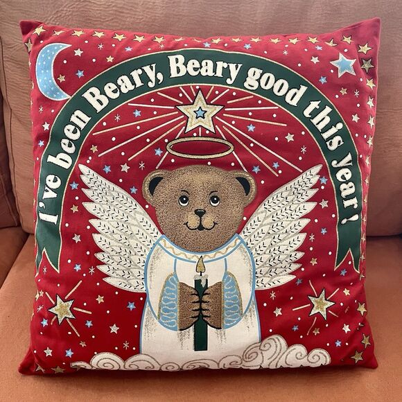 Vintage Christmas Throw Pillow 16” I've Been Beary Good This Year Bear Angel - Picture 1 of 3